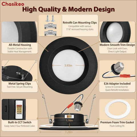 10 Pack 5/6 Inch Metal LED Recessed Lighting, Black Dimmable LED Can Lights with retrofit clips and built-in CCT switch