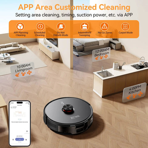 Robot Vacuum And Mop Combo With 10000Pa Suction, LiDAR Smart Mapping, in a modern living room with scheduled cleaning times displayed