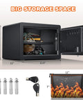 Fingerprint Fireproof Home Safe That Keeps Your Stuff Safe With Fireproof Document Bag And Removable Shelf Digital Security Safe For Cash Jewelry And Valuables 1.0 Cubic Feet Capacity Quick Access Biometric Lock And Code Pad showing open door, measurements, keys, and accessories