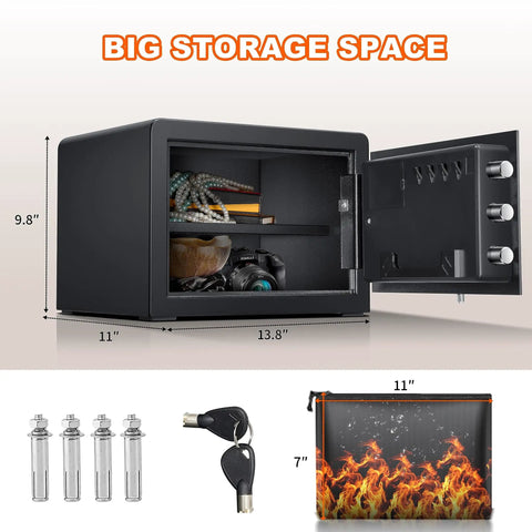 Fingerprint Fireproof Home Safe That Keeps Your Stuff Safe With Fireproof Document Bag And Removable Shelf Digital Security Safe For Cash Jewelry And Valuables 1.0 Cubic Feet Capacity Quick Access Biometric Lock And Code Pad showing open door, measurements, keys, and accessories