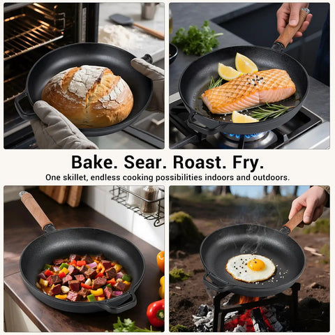 12 Inch Cast Iron Skillet With Removable Wooden Handle Pre Seasoned Fry Pan For Stove Oven Grill Campfire Cooking shown with food