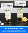 Heavy Hitter Countertop Bullet Ice Maker Cranks Out Twenty Six Pounds Daily With Low Maintenance Self Cleaning Design And Handy Scoop for different size ice bullets in drinks.