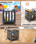 Ball Storage Bin Rolling Sports Cart With Durable Metal Frame in various locations: swimming pool, children’s room, sports hall.