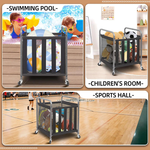 Ball Storage Bin Rolling Sports Cart With Durable Metal Frame in various locations: swimming pool, children’s room, sports hall.