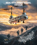 Rugged Military Transport RC Helicopter With Altitude Hold And One Key Takeoff Landing flying over soldiers in a mountain landscape