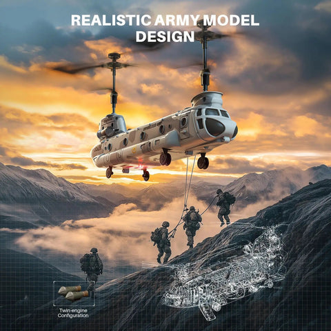 Rugged Military Transport RC Helicopter With Altitude Hold And One Key Takeoff Landing flying over soldiers in a mountain landscape