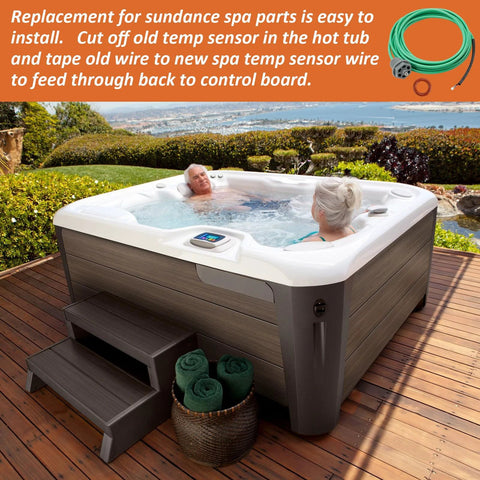 Outdoor hot tub with white interior and dark wood panels; two people relaxing on a wooden deck, built-in control panel visible
