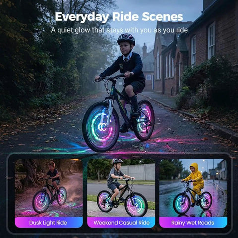 Kid riding with Bright Dope Multicolor Wheel Hub Lights For Night Riding Quick Install Tool Free Spoke Lights That Boost Bike Safety