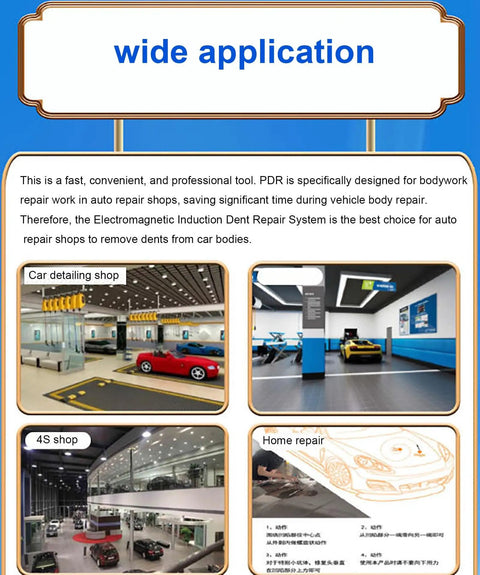 Pro Grade Paintless Dent Repair Kit For Auto Body image showing various applications in shops and home repair usage.