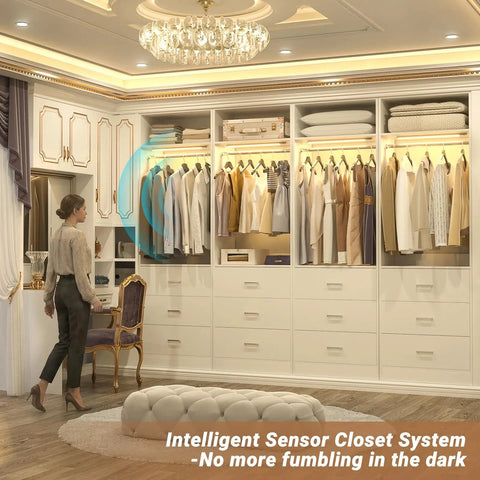 White Freestanding Closet System With 4 Motion Sensor Led Lights modular wardrobe organizer with clothes neatly arranged.