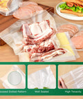 Pint Size Vacuum Sealer Bags 100 Pack 6x10 Inches Heavy Duty with meats and cheeses sealed inside, showing commercial grade use