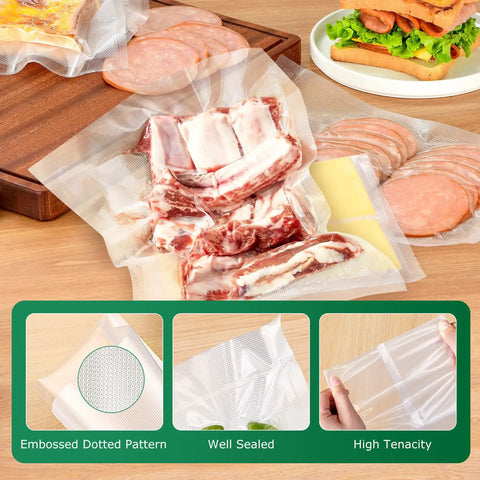 Pint Size Vacuum Sealer Bags 100 Pack 6x10 Inches Heavy Duty with meats and cheeses sealed inside, showing commercial grade use