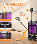 Lightweight Foldable Wagon Cart With Removable Side for groceries and more, purple, adjustable handle, cup holders, mesh pocket