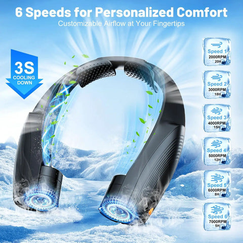 Portable Neck Fan With 6 Speeds And 8000mAh Battery, Hands-Free Cooling Fan Design in Icy Background