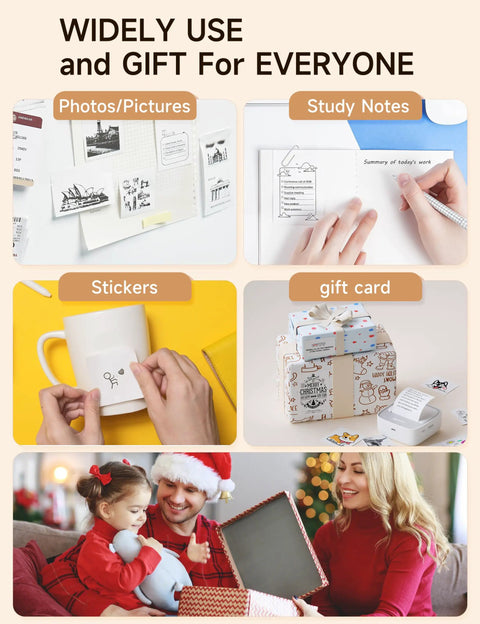 Collection of images demonstrating uses for Portable Sticker Printer Grab And Go Mini Bluetooth Thermal Inkless Printer in journaling and gifts.
