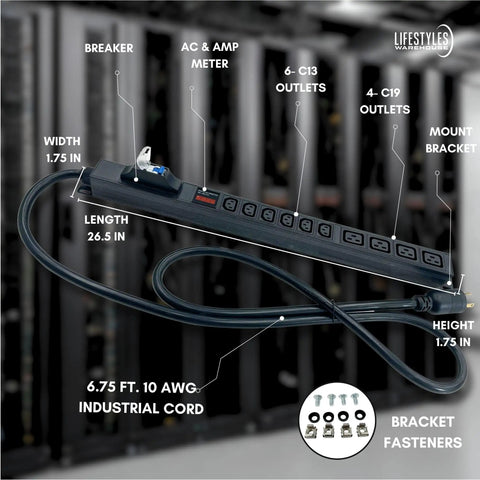 30 Amp 240V Rack Mount Distribution Unit With Six C13 And Four C19 Outlets, Breaker And Surge Protector, 7200 Watt Capacity