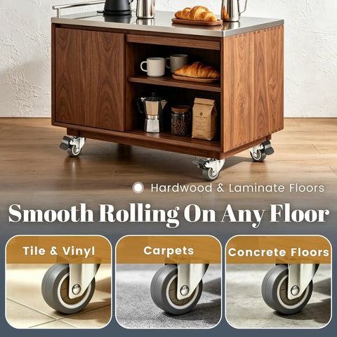 Smooth Operator 1 Inch Silent Rubber 360 Degree Swivel Plate Casters on a mobile storage cabinet with hardwood floor.