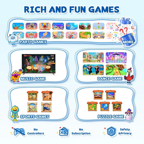 Active Motion Console With 41 Motion Games For Kids And Family, No Subscriptions, Continuous Updates, Plug And Play For Party Nights And Playdates, Dance, Sports, Puzzles, And Music Challenges, game menu