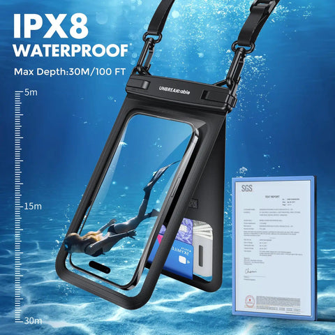 IPX8 Waterproof Phone Pouch Two Pack For iPhone 15 16 17 Pro Max Up To Seven Inches Dry Bag with lanyard in water.