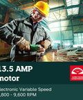 Worker using high torque angle grinder with electronic variable speed, 13.5 Amp, 2800 to 9600 RPM, in industrial setting
