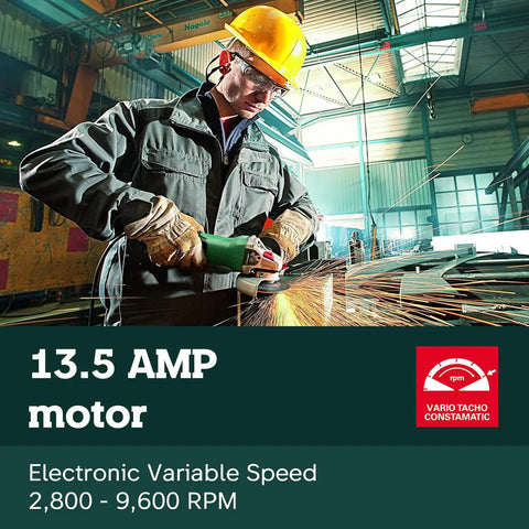 Worker using high torque angle grinder with electronic variable speed, 13.5 Amp, 2800 to 9600 RPM, in industrial setting