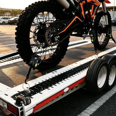 Self Retracting Ratchet Straps 4 Pack Lock It Down Heavy Duty Tie Down Strap For Pickup Truck Cargo Trailer Motorcycle Atv Utv With Killer Grip Robust Breaking Strength Secure Your Haul Tangle Free System Black One Inch By Twelve Feet securing motorcycle wheel on trailer.