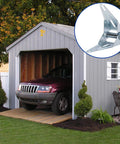 Garage with two eighteen gauge narrow body garage door hinges in cold rolled steel with galvanized finish, hardware shown up close.