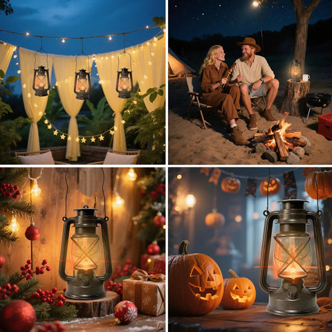 Vintage LED Outdoor Lantern With Dancing Flame Wick illuminating outdoor party setup, perfect for cozy gatherings