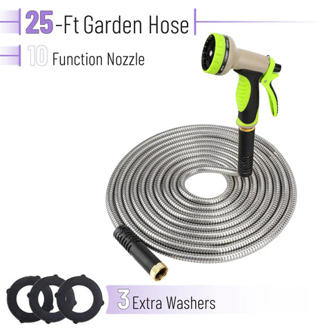 Stainless Steel Garden Hose 25 Ft Heavy Duty Flexible Water Hose With 10 Function Spray Nozzle No Kink Lightweight Puncture Proof