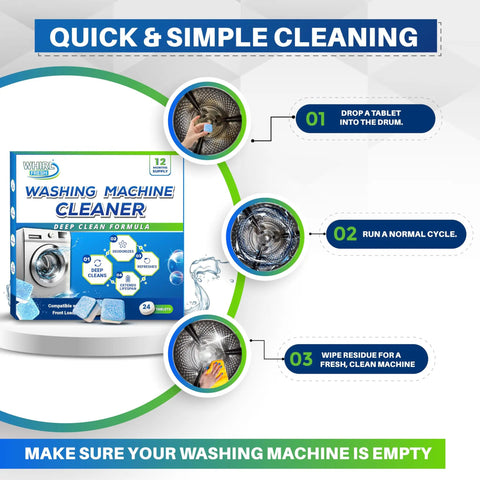 Washing Machine Cleaner Tablets 24 Pack Nukes That Stale Washer Funk And Stubborn Residue For Top Load Front Load He Machines Descaler Deodorizer Drum Tub Seal Septic Safe with usage steps.