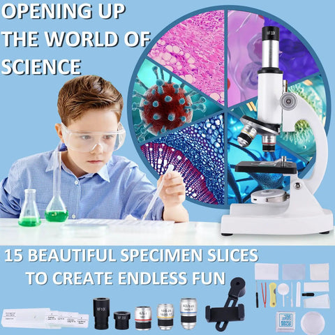 Kid Friendly For All Ages 40x To 2000x Microscope With Phone Adapter And Slides Set For School, Lab And Home Education, Crystal Clear Optical Lenses, Easy To Use, Great For Science Projects And Exploring Details, white classroom microscope with student and slides