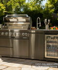 82 Inch Natural Gas Outdoor Kitchen Island with Grill - 6-Burner 85000 BTU, Height-Adjustable Infrared Rear Burner, Sink/Wine Cooler, Granite Countertops & Rotisserie Kit, For Patio, Lawn, Backyard shown in a sunny garden setting.