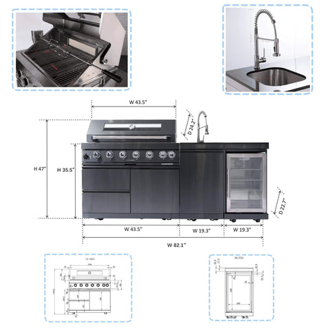 82 Inch Natural Gas Outdoor Kitchen Island with Grill - 6-Burner 85000 BTU, Height-Adjustable Infrared Rear Burner, Sink/Wine Cooler