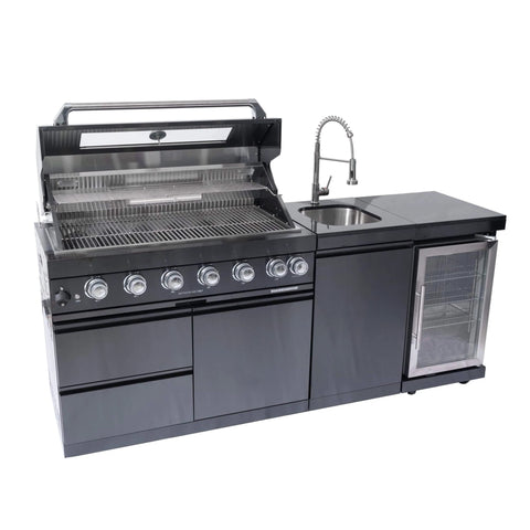 82 Inch Natural Gas Outdoor Kitchen Island with Grill - 6-Burner 85000 BTU, Height-Adjustable Infrared Rear Burner, Sink/Wine Cooler
