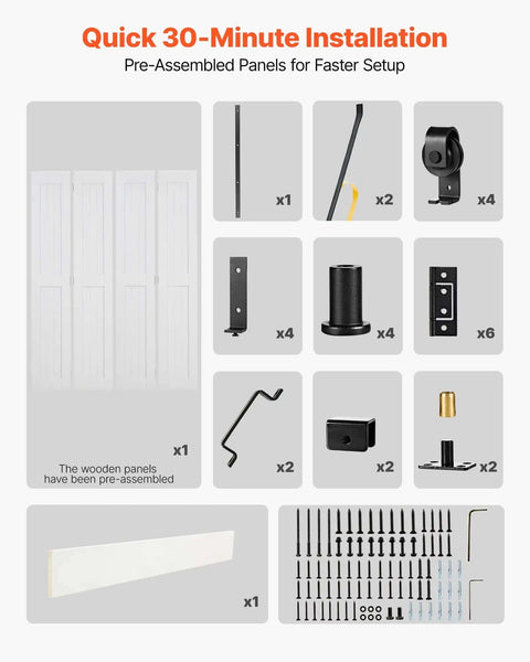 Quick installation guide for Bifold Barn Door 48x84 Inches MDF Panels Sliding Closet Doors with hardware components displayed.