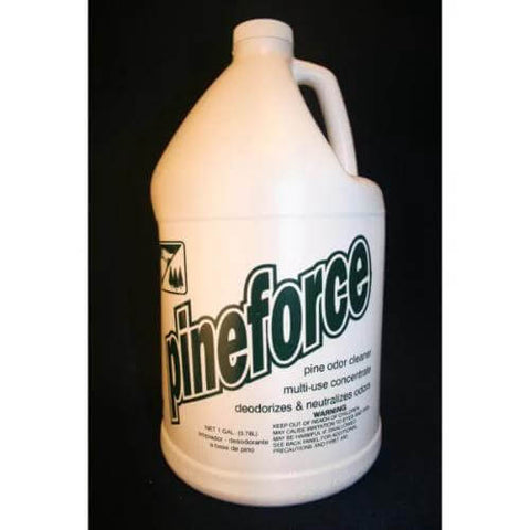 Front view of white plastic Pineforce cleaning jug with green label, 4-gallon size