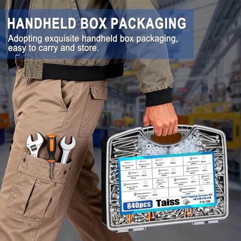 Person carrying 840pcs 410 Stainless Steel Self Tapping Screws Kit for Metal in a portable case.
