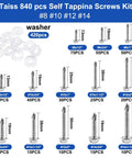 840pcs 410 Stainless Steel Self Tapping Screws Kit for Metal, Sizes #8 #10 #12 #14 with Rubber Washers, Screw Variety