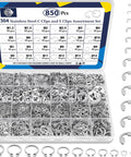 Ultimate C Clips And E Clips Assortment Kit with 850 pieces in 24 sizes, organized box showcasing 304 stainless steel retaining rings.