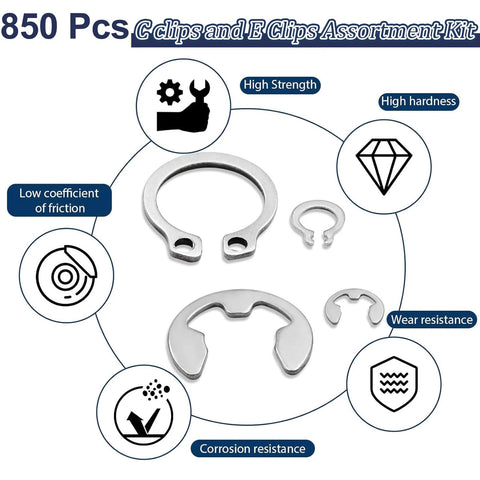 Diagram of Ultimate C Clips And E Clips Assortment Kit showing various clip sizes and features like high strength and wear resistance