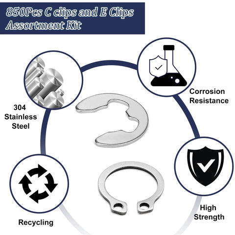 Ultimate C Clips And E Clips Assortment Kit image showing corrosion resistance and high strength in 304 stainless steel.
