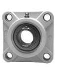Front view of Single 4-Bolt Flange Set Screw 17 mm ID Black Polymer Housing Sealed Ball Insert Steel Race Relubricatable Contact Seal