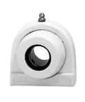 Front view of single tapped pillow block bearing 1-3/16 in (30.16 mm) I.D., stainless steel ball insert with set screw lock, white polymer housing