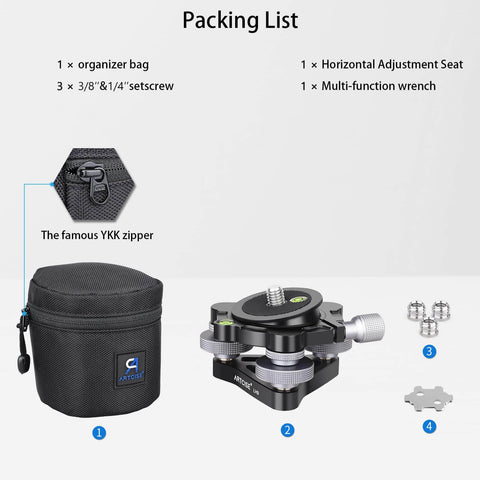 Effortlessly level a camera on uneven ground with this aluminum three legged leveling base featuring included accessories