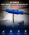All In One 87 Piece Tap And Die Set for SAE and Metric Threads in action with tap threading on metal for internal threads