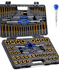 Open storage case of All In One 87 Piece Tap And Die Set For SAE And Metric Threads with various taps, dies, and tools visible.