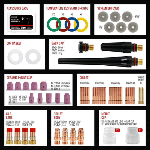 87-Piece TIG Welding Accessories Torch Kit With Stubby Gas Lens And 12 Cups For WP-17, WP-18 And WP-26 TIG Torches kit components overview
