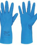 Sam blue natural rubber latex chemical-resistant gloves, 12 in, size 7, front and back views