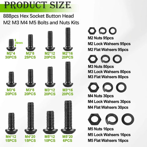 888Pcs Metric Screw Assortment Kit M2 M3 M4 M5 Hex Button Head Screws 10.9 Alloy Steel With Nuts Washers For 3D Printing