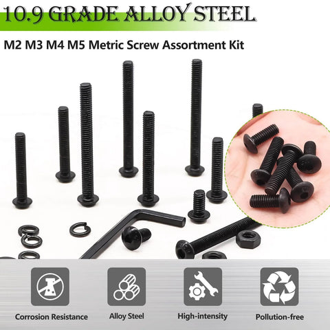 888Pcs Metric Screw Assortment Kit M2 M3 M4 M5 Hex Button Head Screws 10.9 Alloy Steel With Nuts Washers For 3D Printing